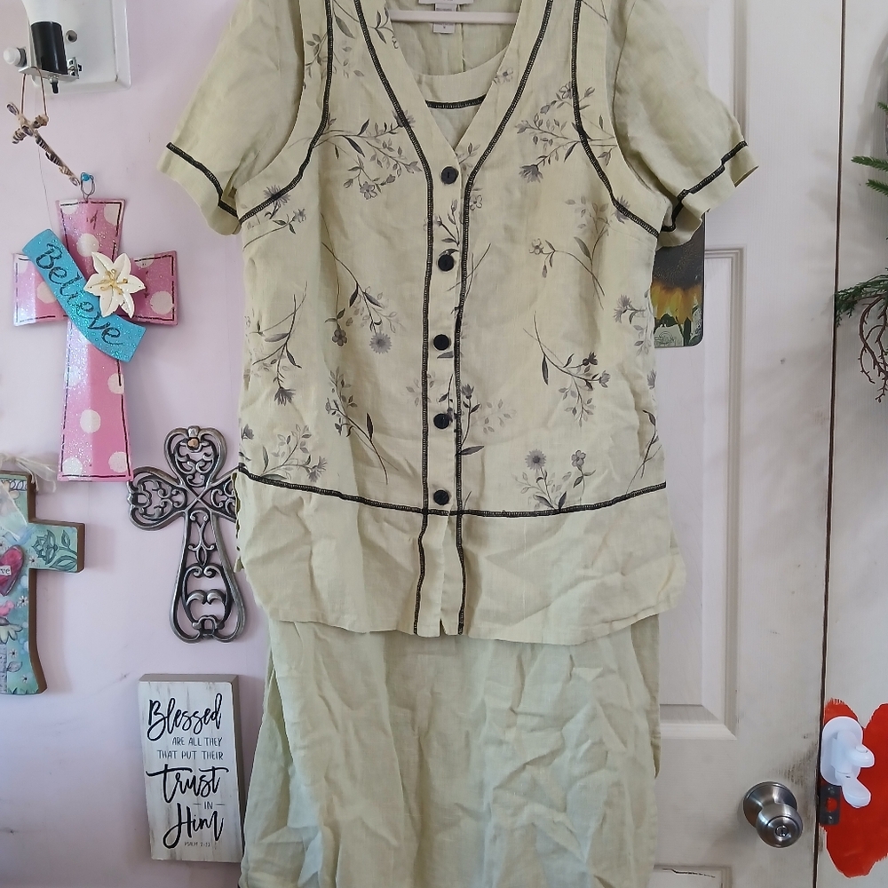 Vintage Sweet Jessie Lagenlook 2 Piece 100% Linen Maxi Dress Vest Set Size 1X